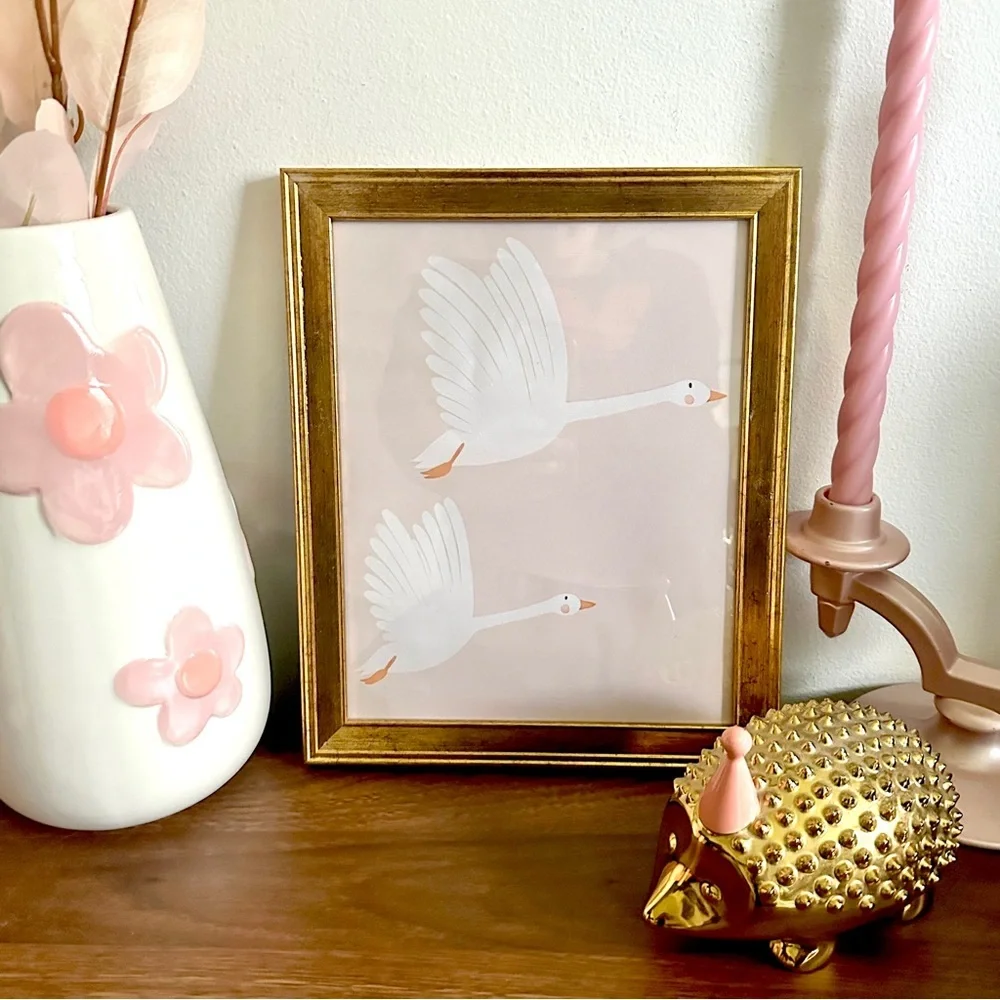 Flying Swans Canvas Art Print Gold Framed Wall Hanging Art Bohemian Blush Art